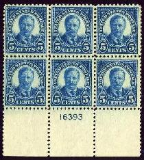 Sc. 557   VF never hinged plate block of 6     $375.00