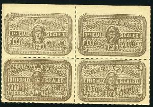 OX-9   1895(?) PO Seal.  VF light hinged / NH block of 4.   $225.00